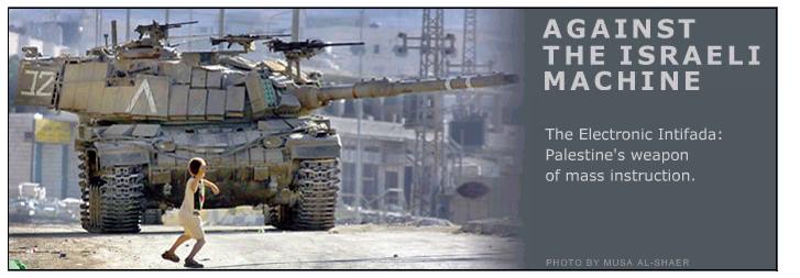 Palestinian child throwing rock at Israeli tank.